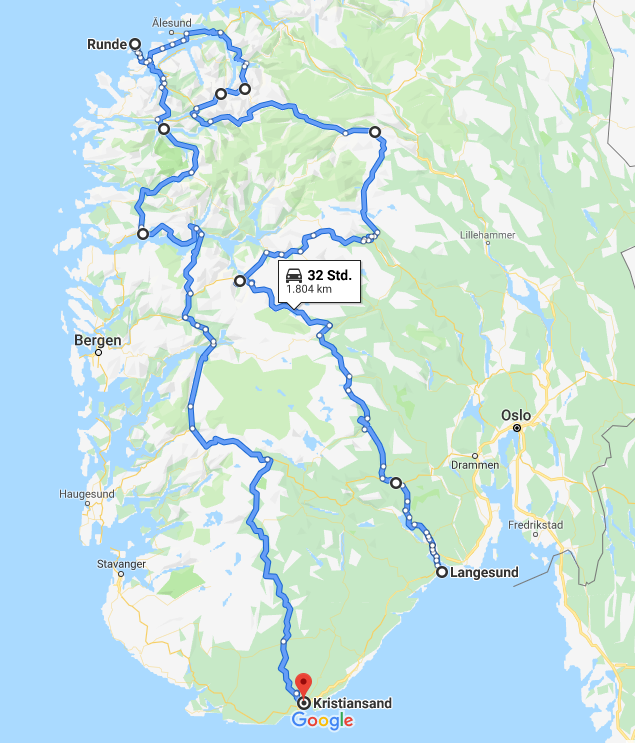 Karte unserer Tour durch Norwegen