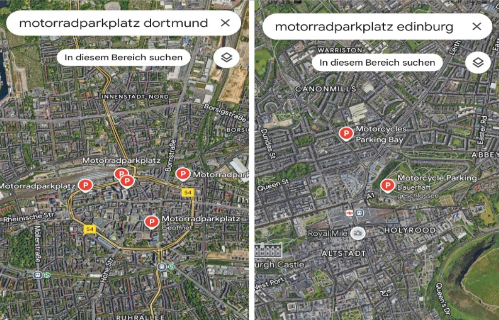 Motorradparkplätze mit Googlemaps finden
